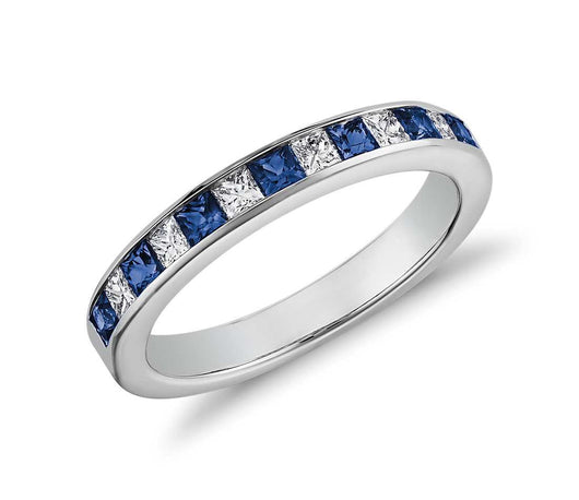 Channel Set Princess Cut 7 Sapphire and 6 Diamond Ring in 14K White Gold