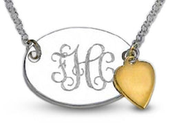 Oval Sterling Silver Personalized Monogram Engraved 14kt. Gold Dangle heart