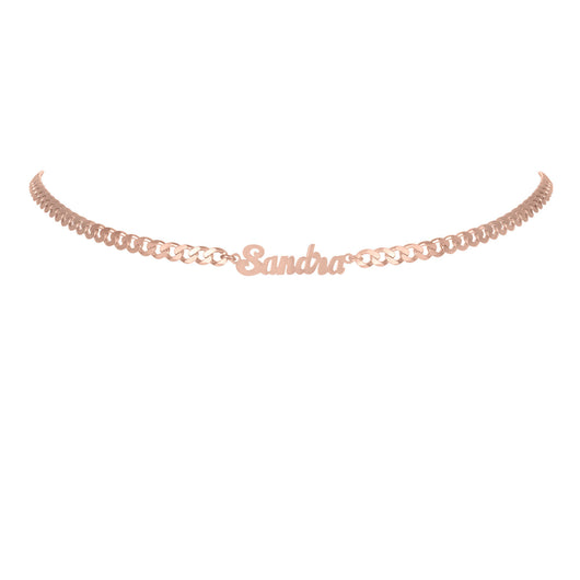 English script Name Choker Italian Curb Chain Silver 13 inch. White, Yellow, or Rose Plated