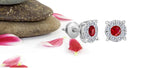 14kt. 8.5mm Diamond Flower Cluster Ruby Center Invisible Set Earrings