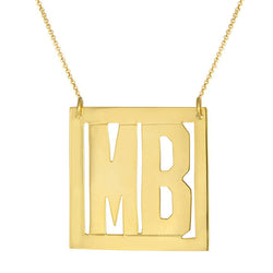 Block Letter Initials Personalized On Silver Square Frame Necklace