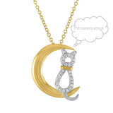 "Perseverance" Yoga Cat Moon Necklace Women Teens CZ 925 Sterling Silver 18kt Gold Plated Two Tone. 18" Plus Extension